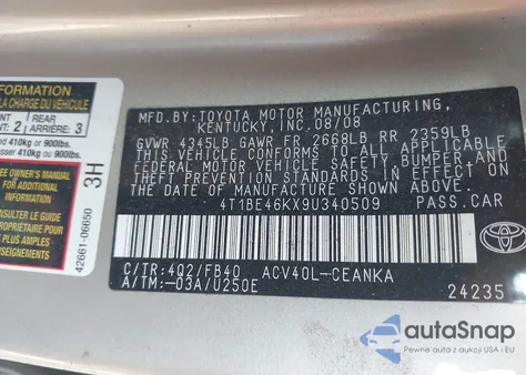 2009 Toyota Camry z USA, uszkodzony, nr VIN 4T1BE46KX9U340509